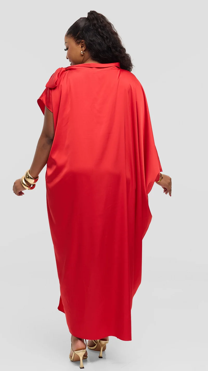 Vivo Takali Asymmetrical Midi Length Kaftan In Satin - Red