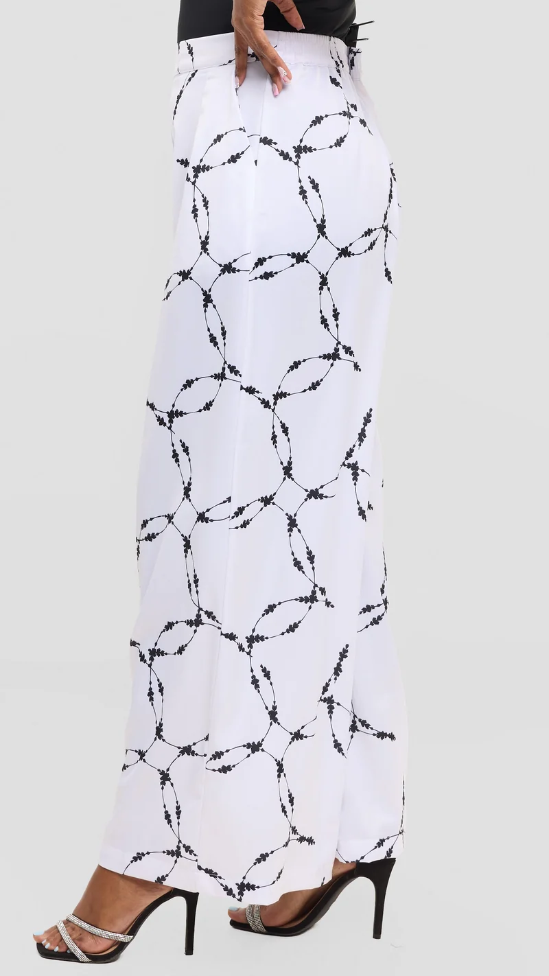 Vivo Essi Wide Leg Pants in Satin - White / Black Shina Print