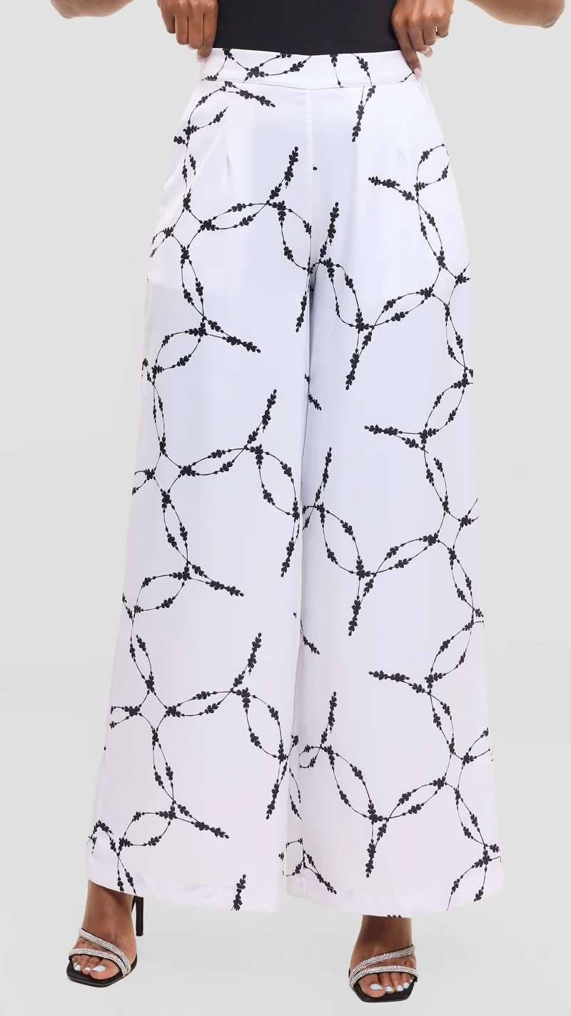 Vivo Essi Wide Leg Pants in Satin - White / Black Shina Print