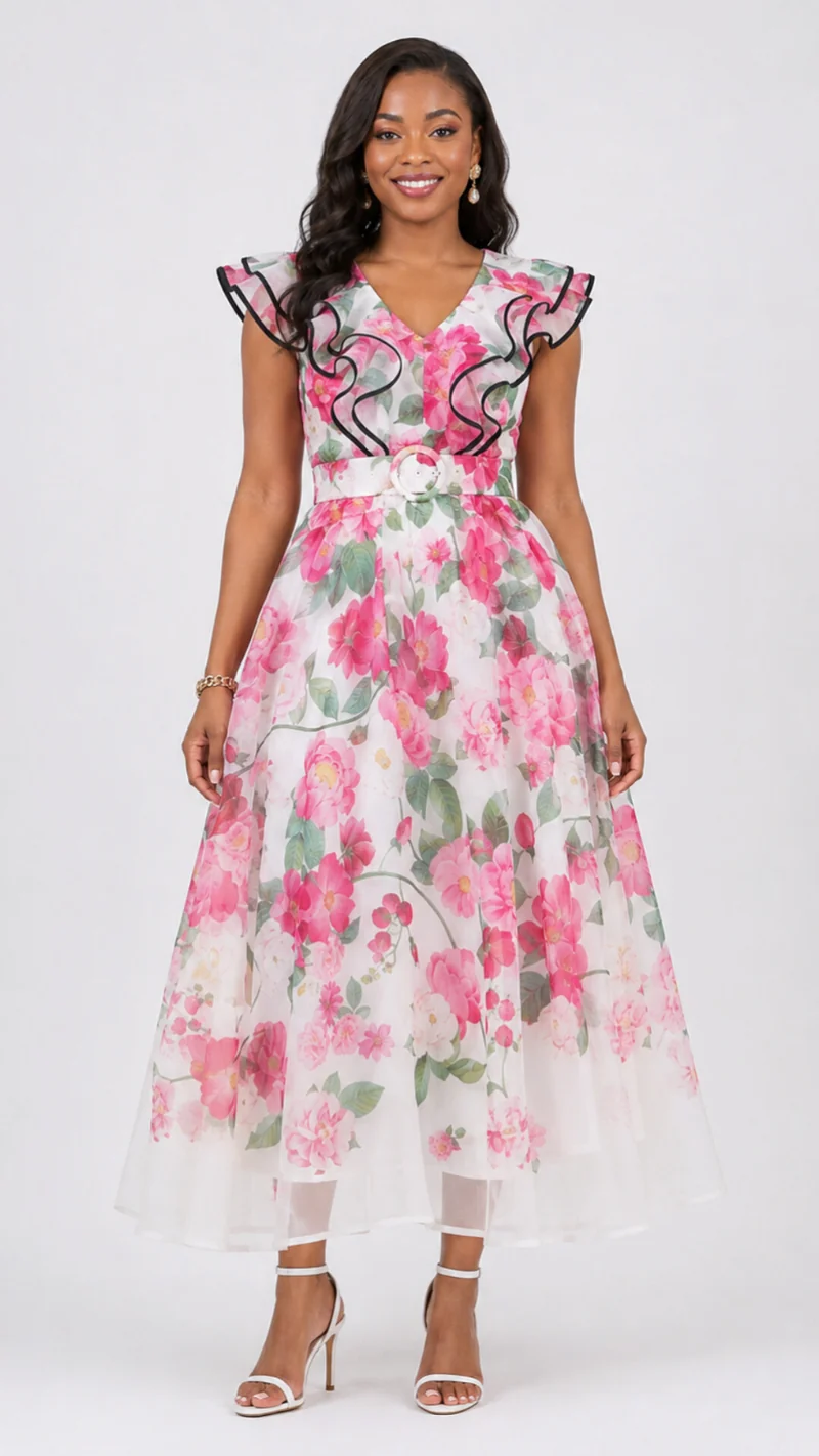 The Fashion Frenzy Blush Floral Ruffle Detail Midi Dress - Pink