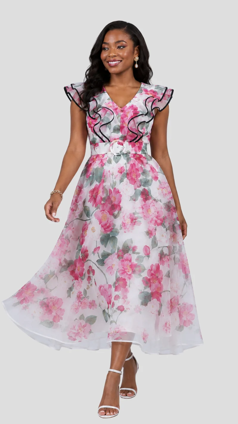 The Fashion Frenzy Blush Floral Ruffle Detail Midi Dress - Pink