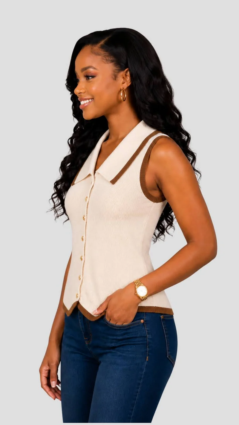 The Fashion Frenzy Contrast Trim Sleeveless Knit Top - Beige