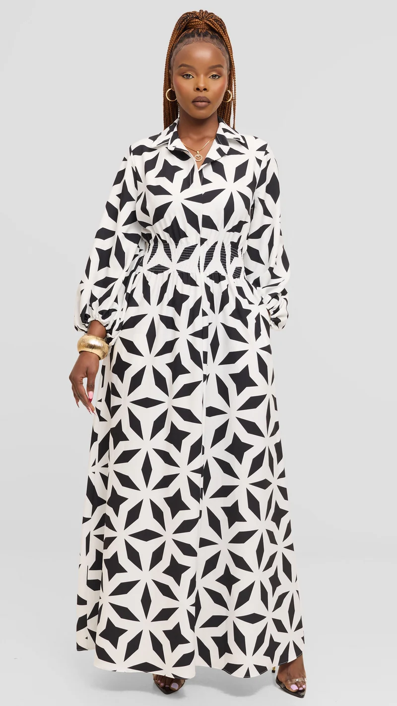 Vivo Bishop Sleeve Shirred Maxi Dress in Crepe - Off White / Black Ula Print