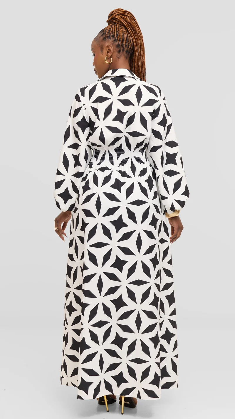 Vivo Bishop Sleeve Shirred Maxi Dress in Crepe - Off White / Black Ula Print