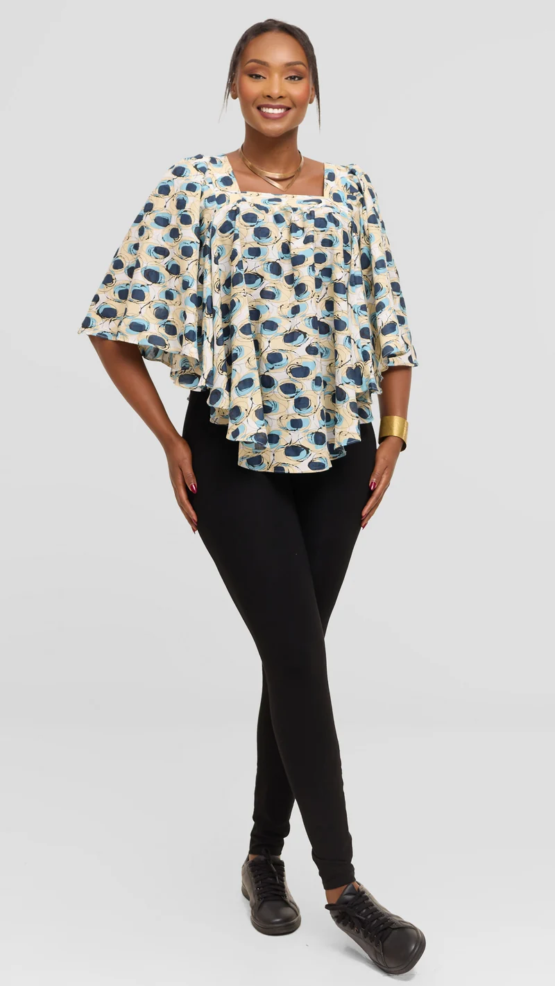 Safari by Vivo Butterfly Top in Cotton - White / Navy Abstract Print