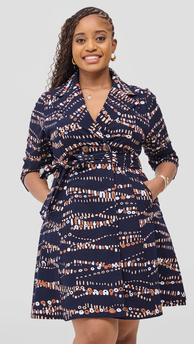 Safari Nazari Coat Dress - Navy / Brown Chiku Print