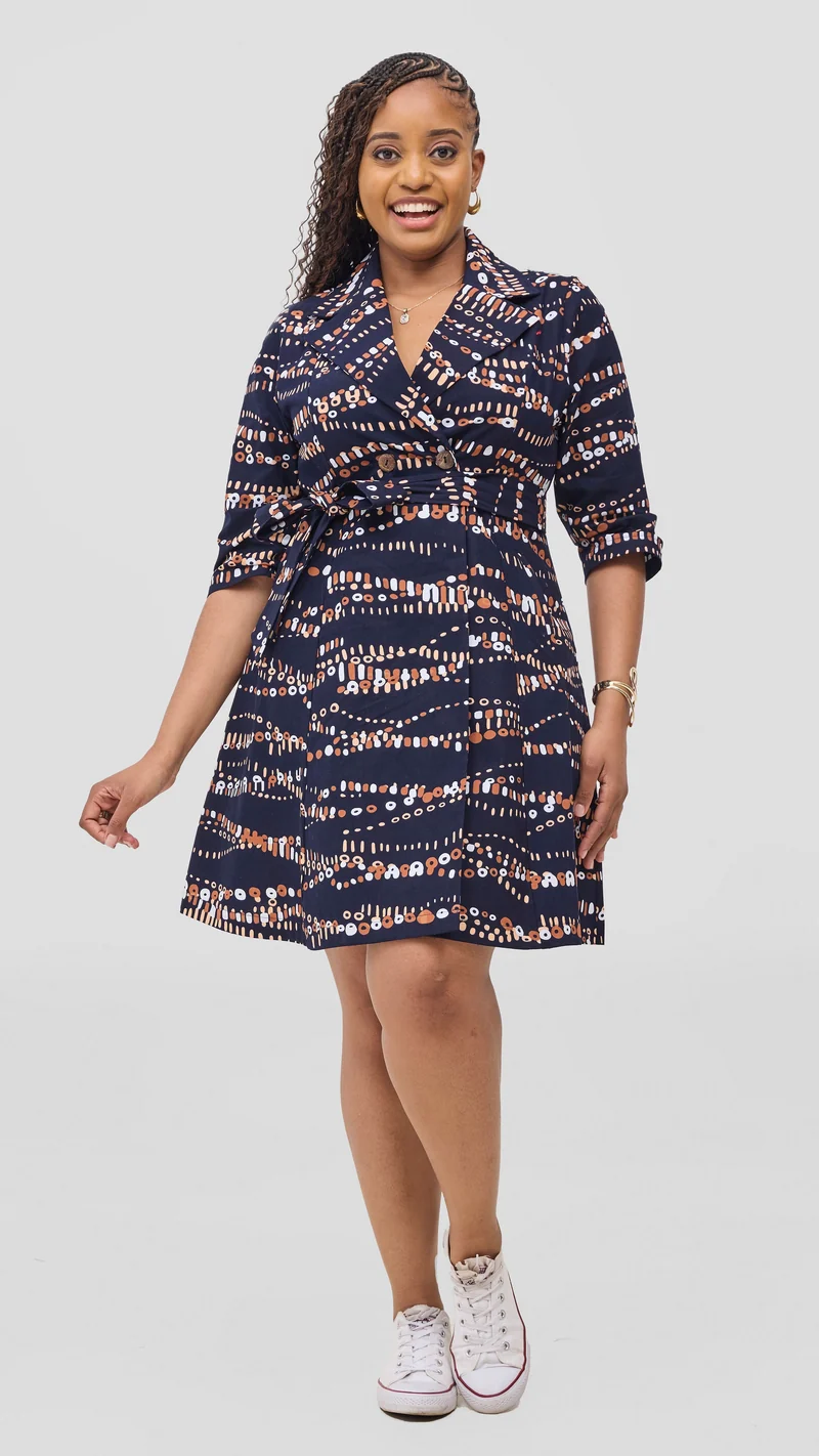 Safari Nazari Coat Dress - Navy / Brown Chiku Print