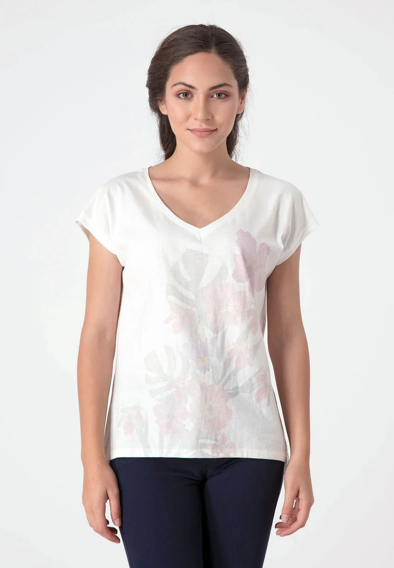 T-Shirt aus Bio-Baumwolle mit tiefem V-Ausschnitt und längerem Rückenteil