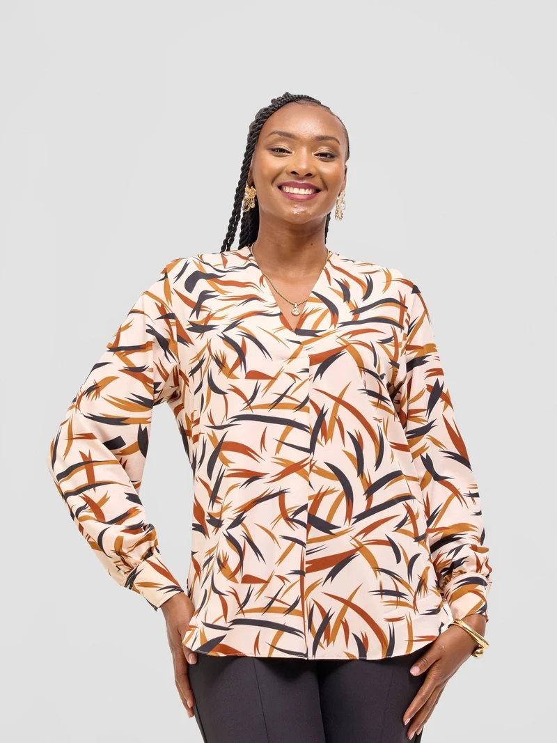 Vivo Ajani V-Neck Top in Crepe - Cream / Rust Print