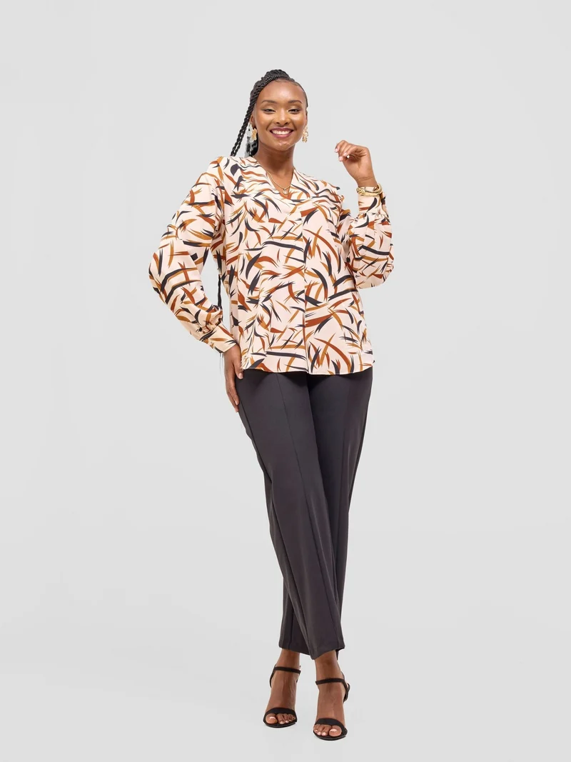 Vivo Ajani V-Neck Top in Crepe - Cream / Rust Print