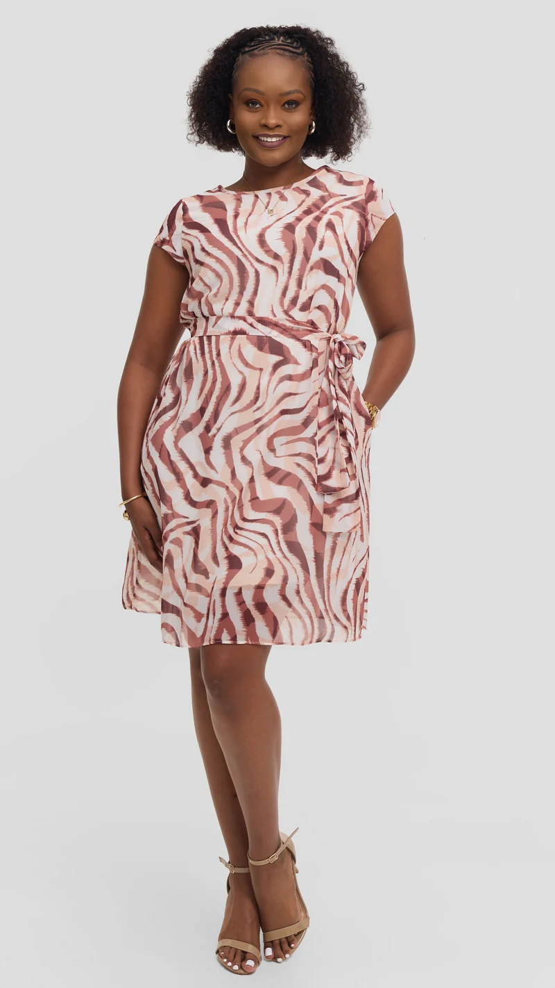 Vivo Basic Knee Length Dress in Chiffon - Brown / Cream Print