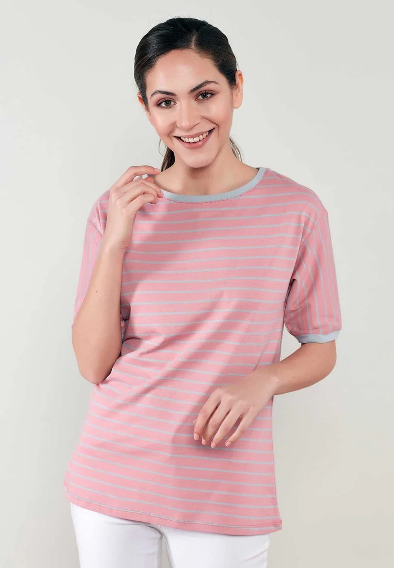 Gestreiftes Rundhals 1/2 Arm T-Shirt aus Bio-Baumwolle