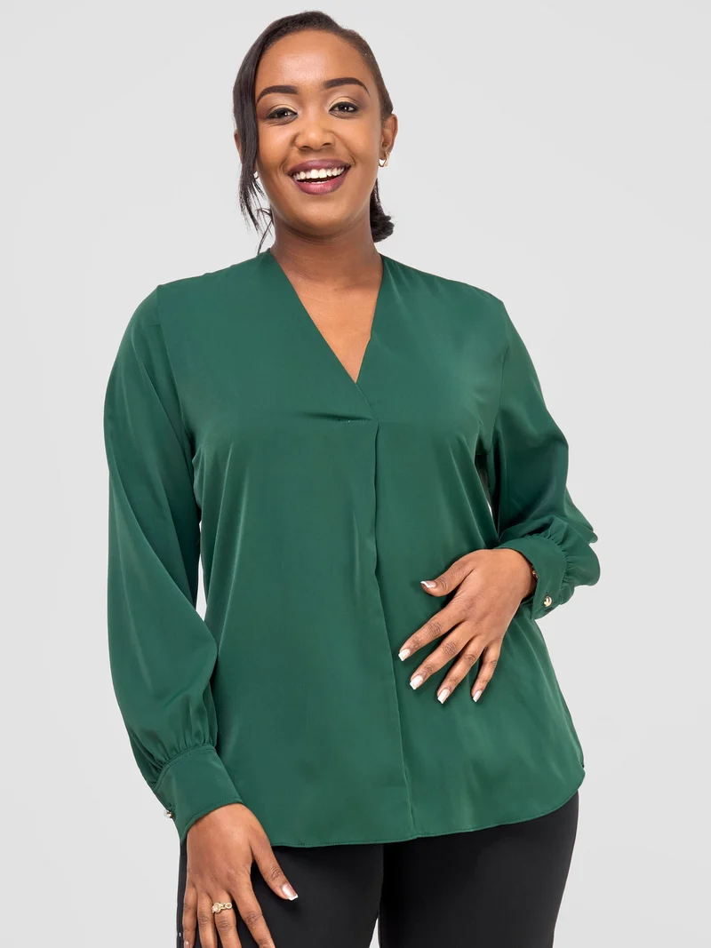 Vivo Ajani V-Neck Top in Crepe - Dark Green