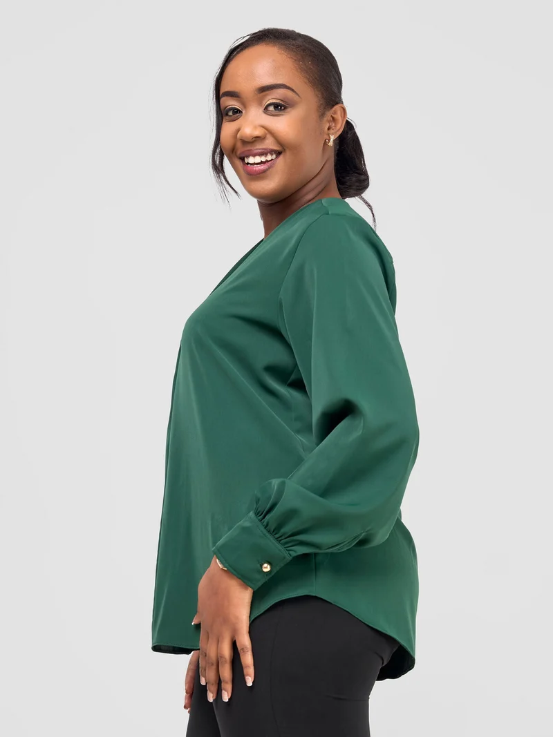 Vivo Ajani V-Neck Top in Crepe - Dark Green