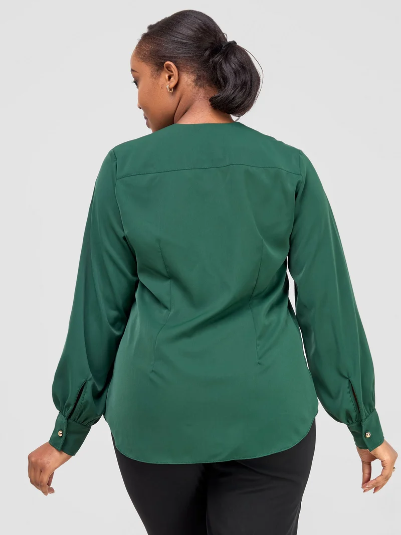 Vivo Ajani V-Neck Top in Crepe - Dark Green