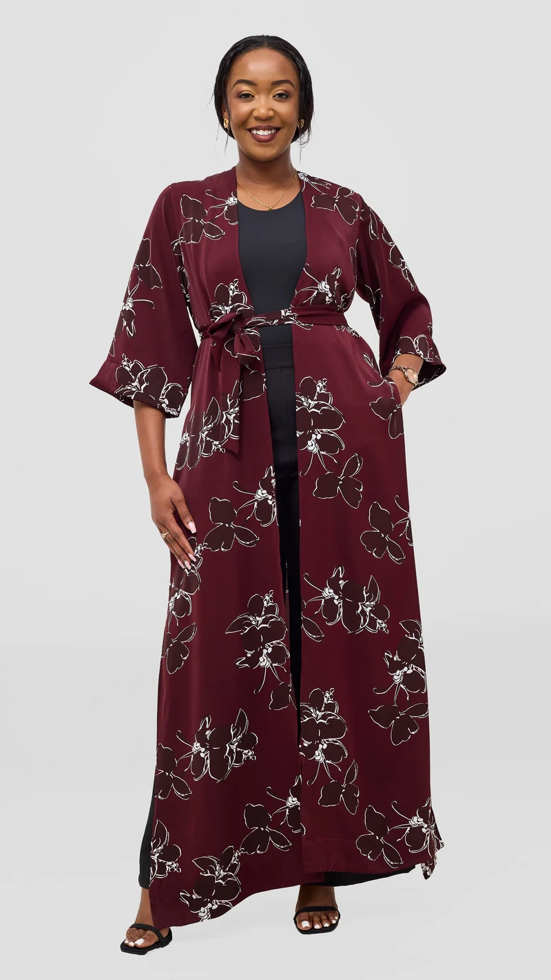 Vivo Alek High Slit Kimono - Maroon / Chocolate Print