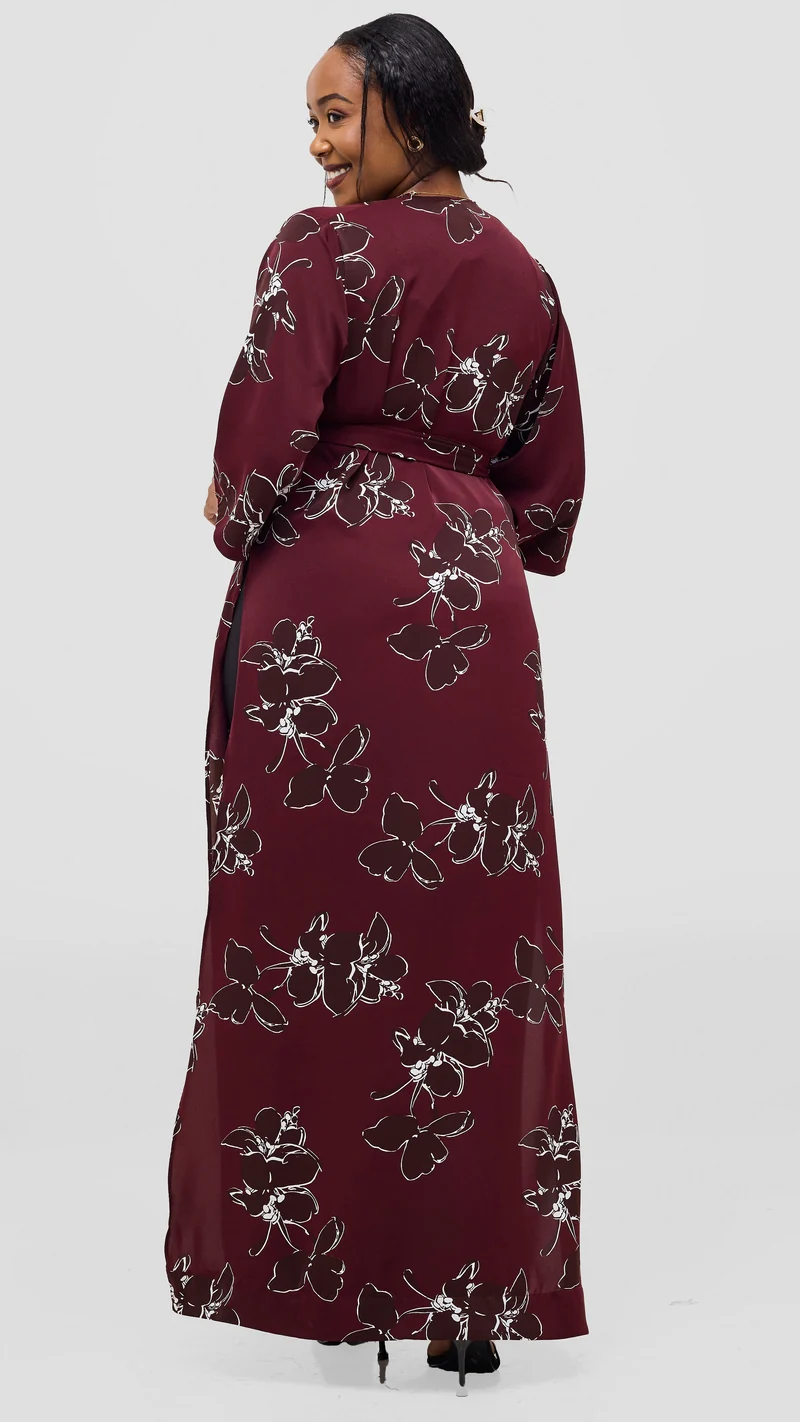 Vivo Alek High Slit Kimono - Maroon / Chocolate Print