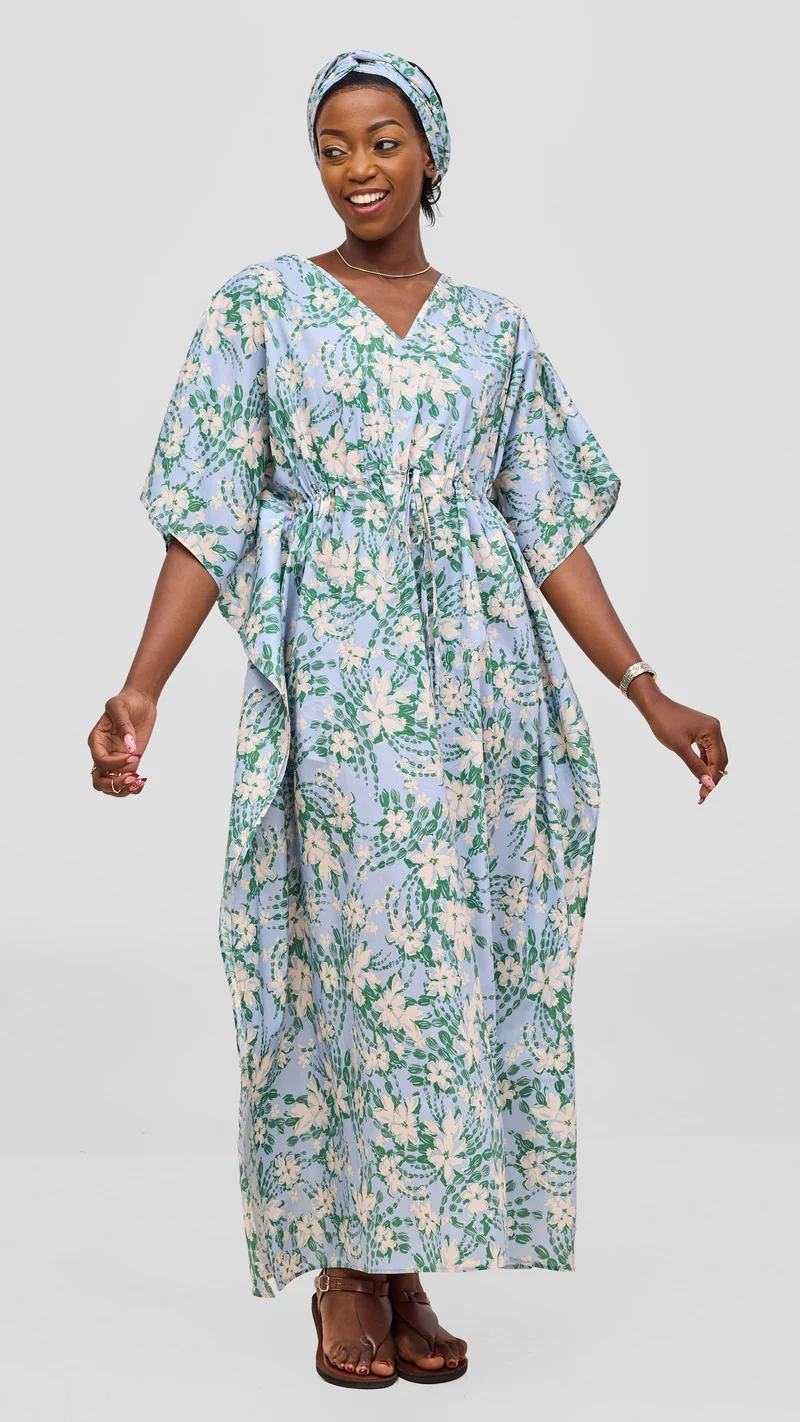Safari by Vivo Cotton Wide Drawstring Kaftan - Light Blue / Green Print