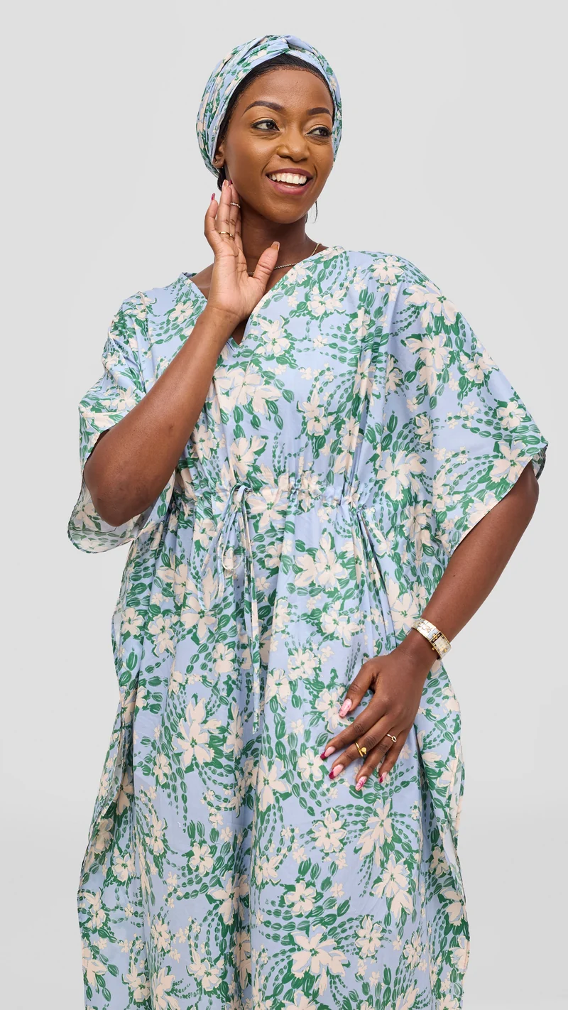 Safari by Vivo Cotton Wide Drawstring Kaftan - Light Blue / Green Print