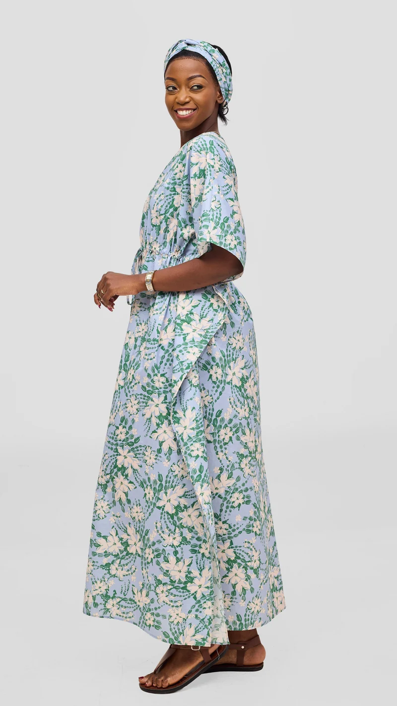 Safari by Vivo Cotton Wide Drawstring Kaftan - Light Blue / Green Print