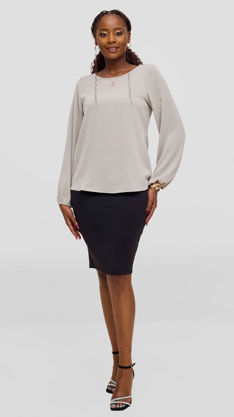 Vivo Basic Crepe Bishop Sleeve Top - Light Grey