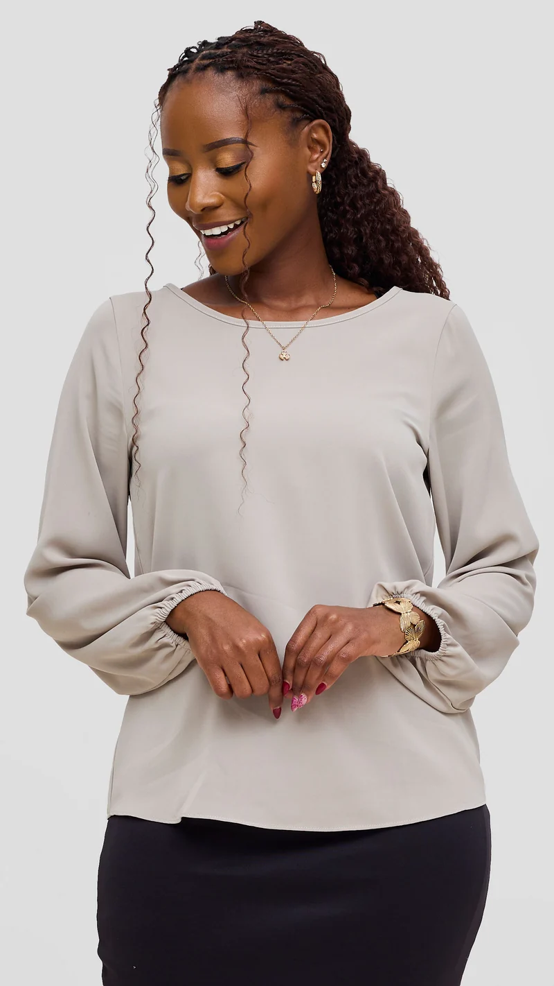 Vivo Basic Crepe Bishop Sleeve Top - Light Grey