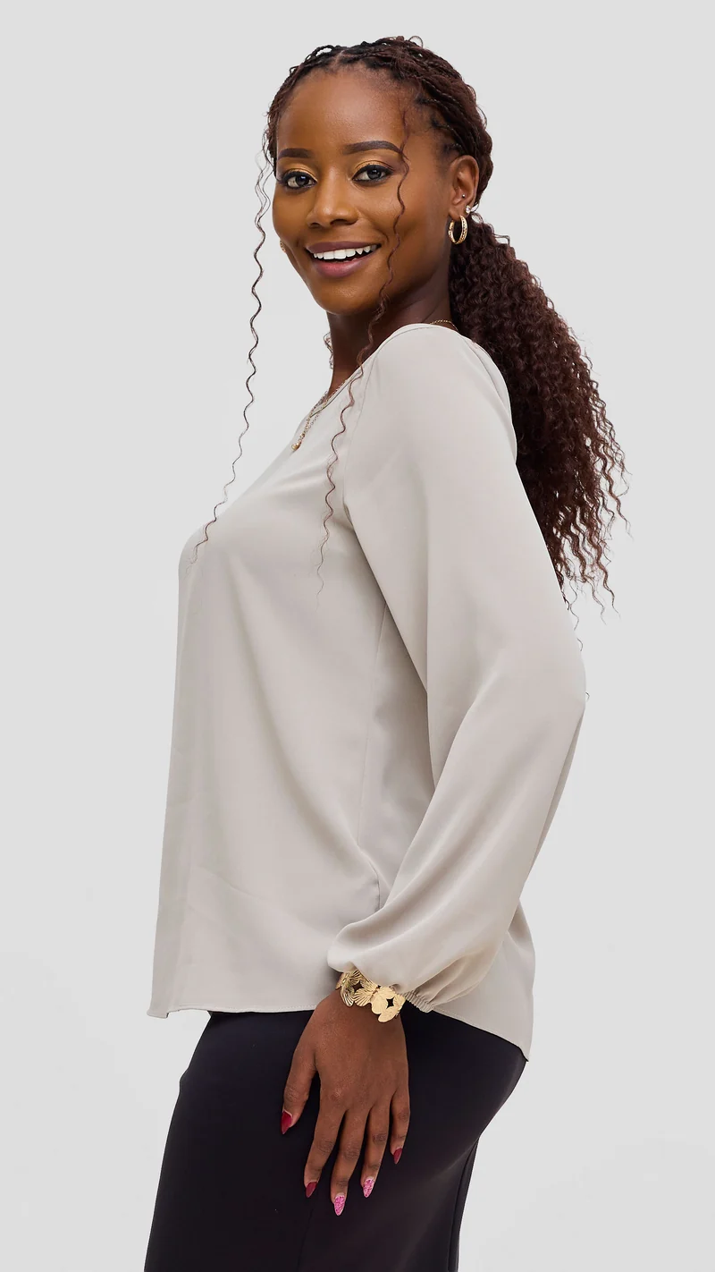 Vivo Basic Crepe Bishop Sleeve Top - Light Grey