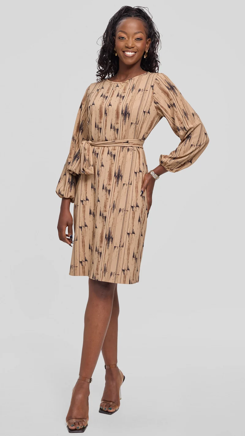 Vivo Laika Bishop Sleeve Shift Dress in Crepe - Taupe / Chocolate Siolo Print