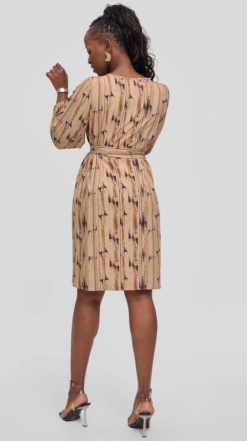 Vivo Laika Bishop Sleeve Shift Dress in Crepe - Taupe / Chocolate Siolo Print
