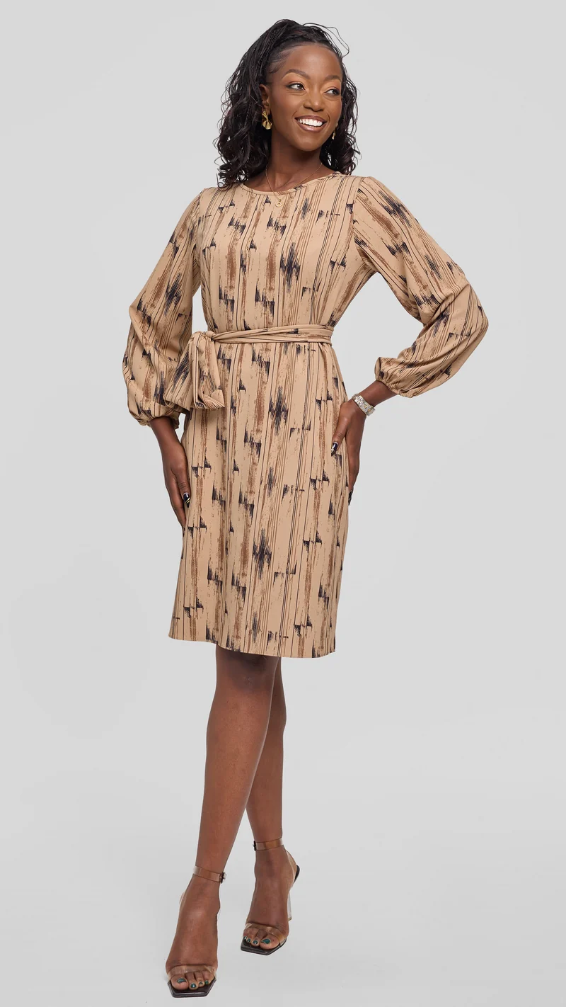 Vivo Laika Bishop Sleeve Shift Dress in Crepe - Taupe / Chocolate Siolo Print