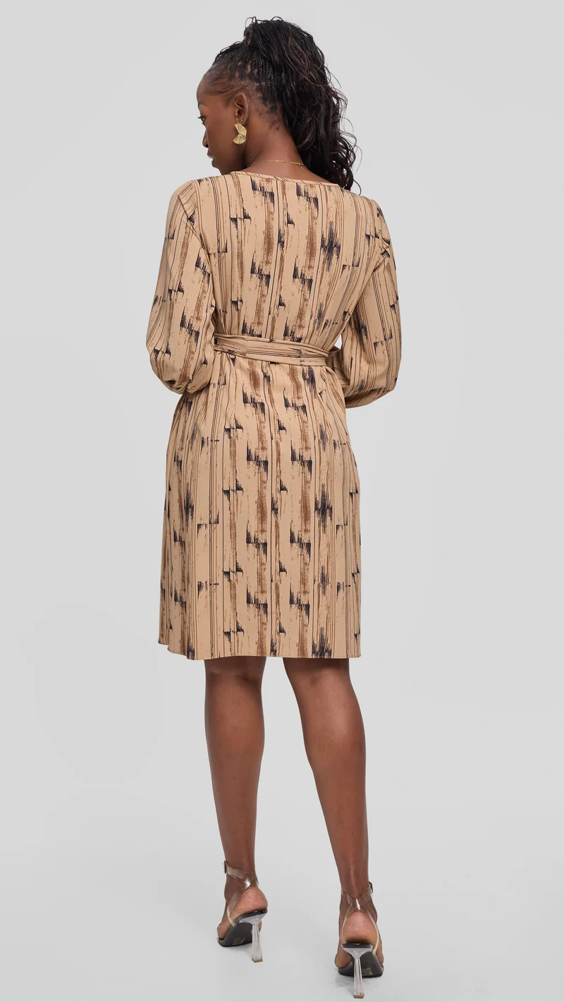 Vivo Laika Bishop Sleeve Shift Dress in Crepe - Taupe / Chocolate Siolo Print