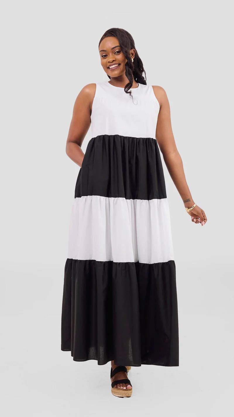Safari Solana Sleeveless Tiered Maxi Dress - White / Black