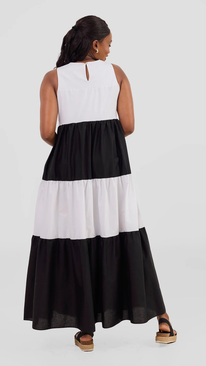 Safari Solana Sleeveless Tiered Maxi Dress - White / Black