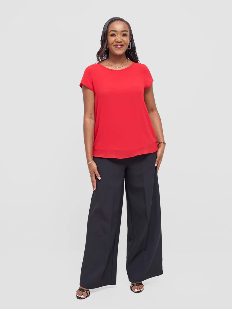 Vivo Basic Chiffon Cap Sleeve Top (Double Layered) - Red
