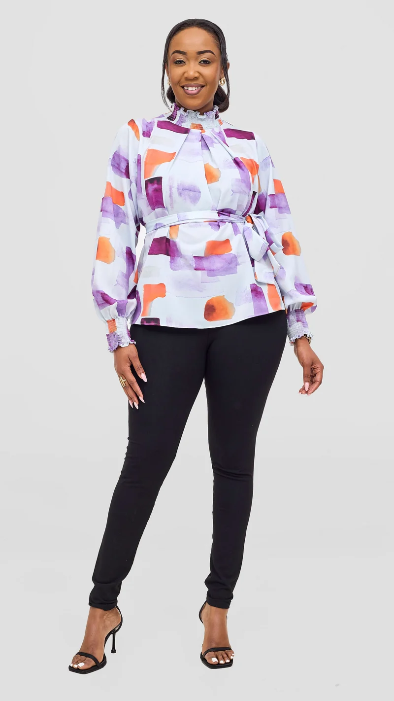 Vivo Ayah Bishop Sleeve Mock Neck Top - Lilac / Orange Zani Print