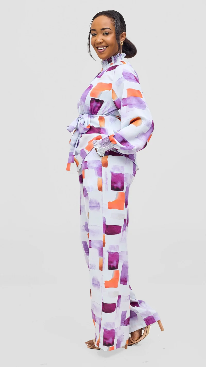 Vivo Ayah Bishop Sleeve Mock Neck Top - Lilac / Orange Zani Print