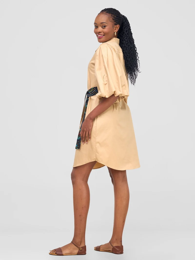 Safari Mali Bishop Sleeve Shirt Dress - Khaki
