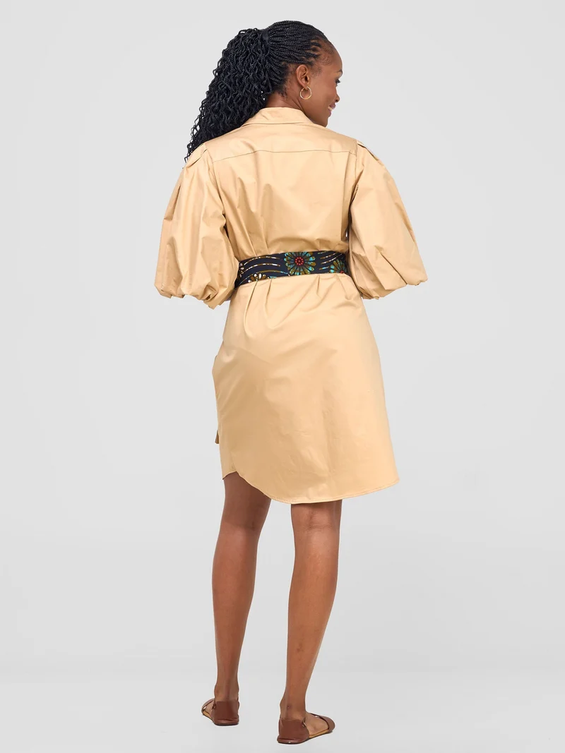 Safari Mali Bishop Sleeve Shirt Dress - Khaki