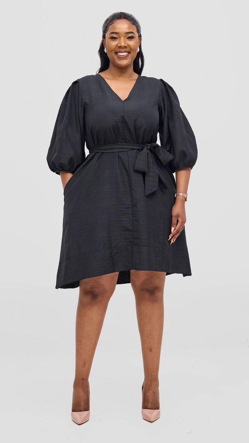 Vivo Alani High Low Dress - Black Textured Print