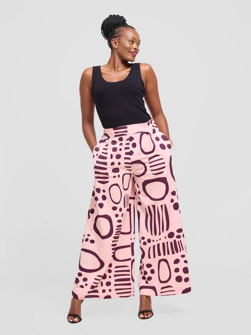 Vivo Ayla Crepe Pants - Pink / Burgundy Hawa Print