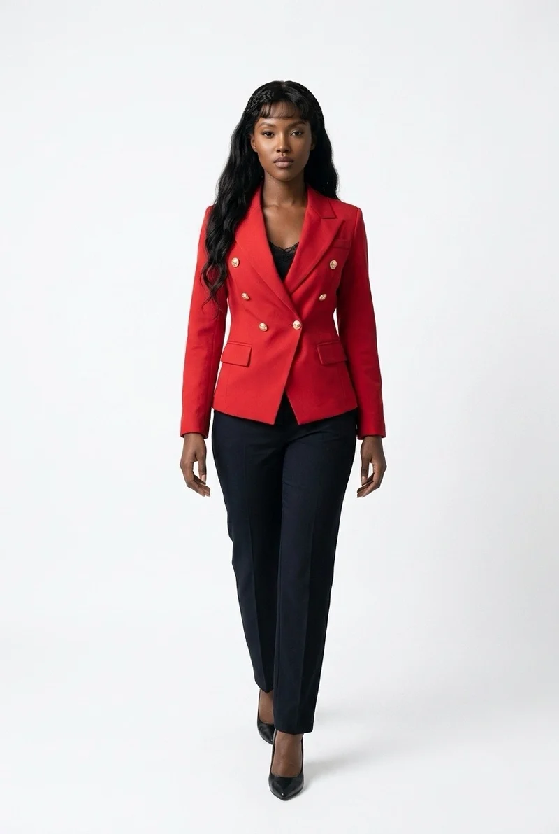 Stylish Sisters Double-Breasted Tailored Blazer with Gold Buttons - Red