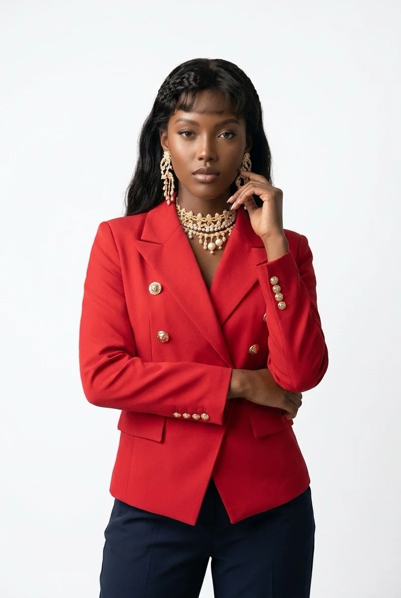 Stylish Sisters Double-Breasted Tailored Blazer with Gold Buttons - Red