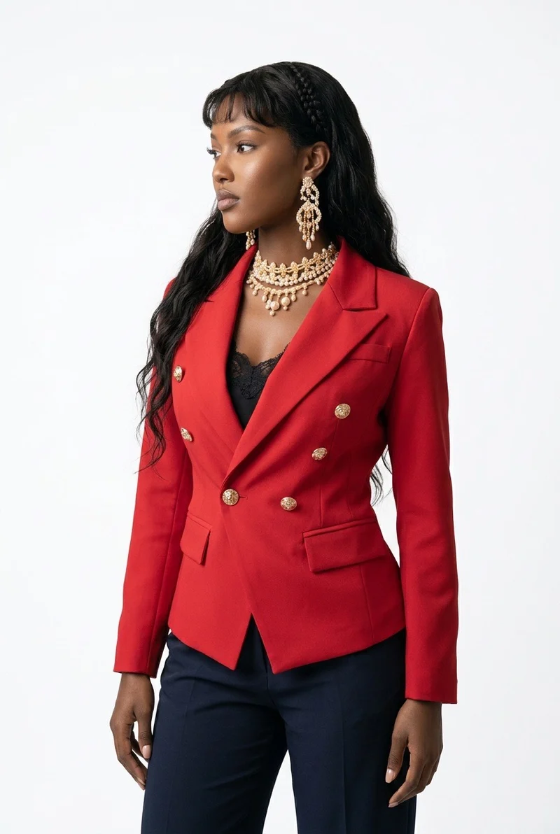 Stylish Sisters Double-Breasted Tailored Blazer with Gold Buttons - Red