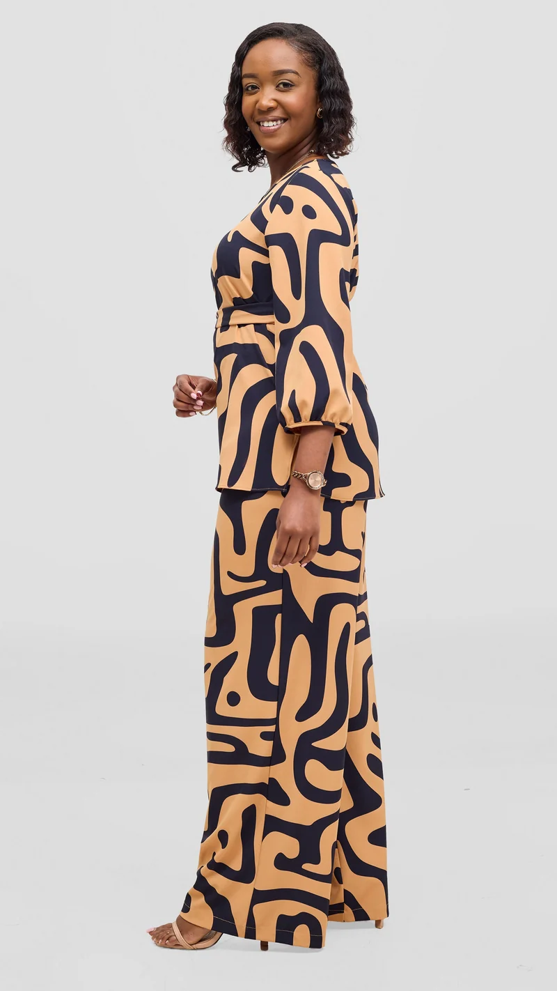 Vivo Kani Wide Leg Pants - Light Mustard / Navy Tamra Print