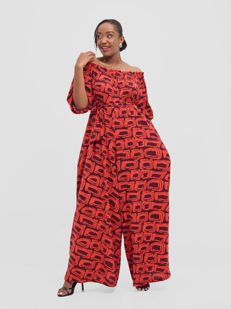 Vivo Ayla Off-Shoulder Jumpsuit -Orange / Burgundy Umbo Print