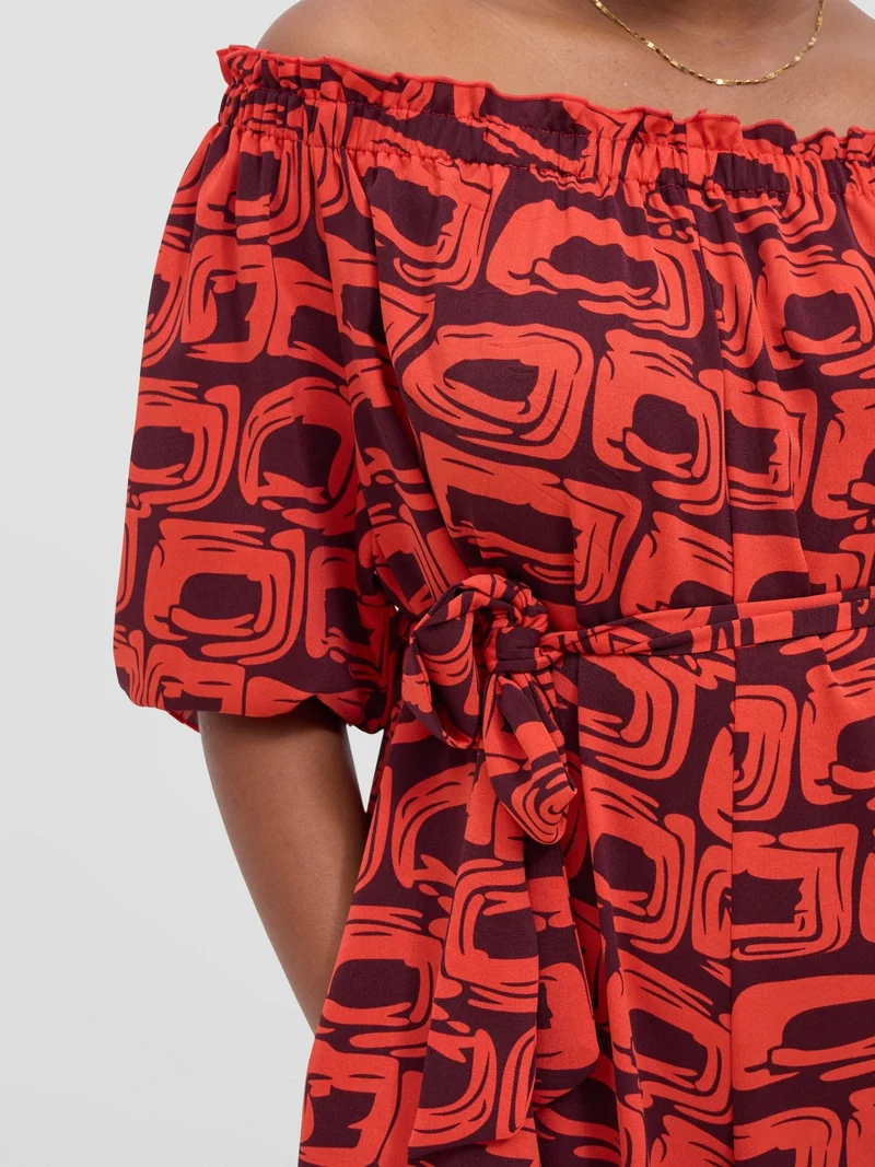 Vivo Ayla Off-Shoulder Jumpsuit -Orange / Burgundy Umbo Print
