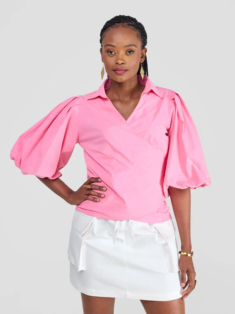 Safari Mali 3/4 Bishop Sleeve Tie Top - Pink