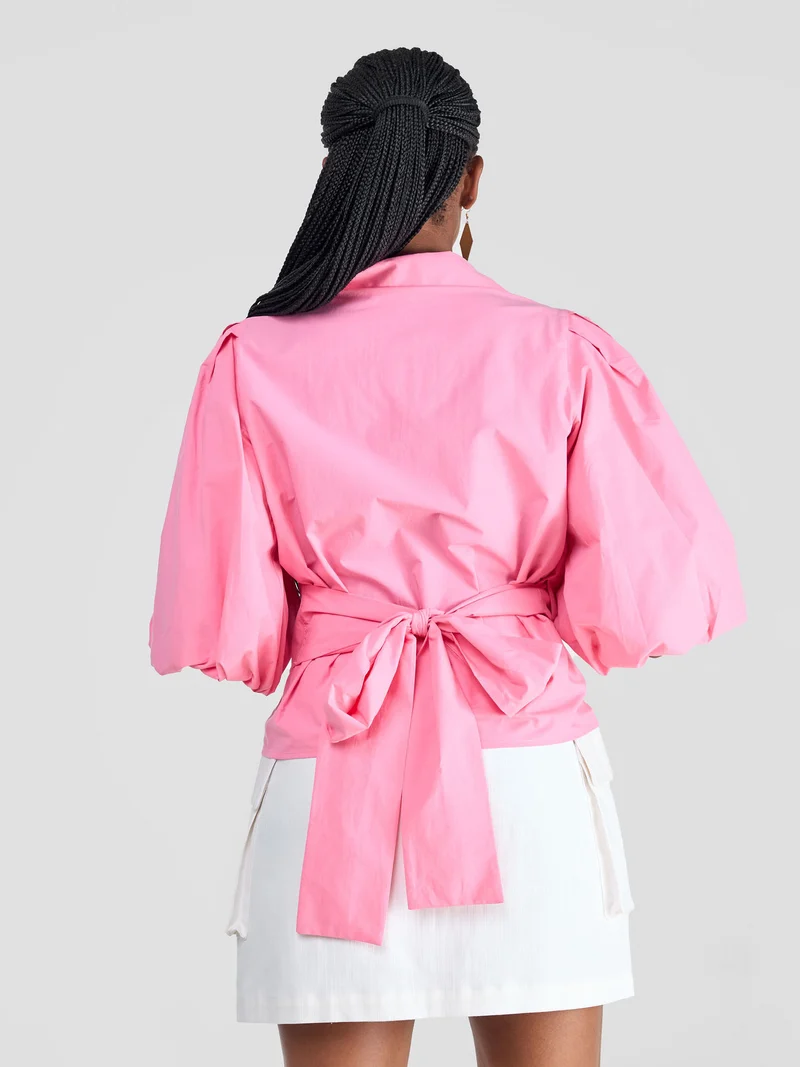 Safari Mali 3/4 Bishop Sleeve Tie Top - Pink