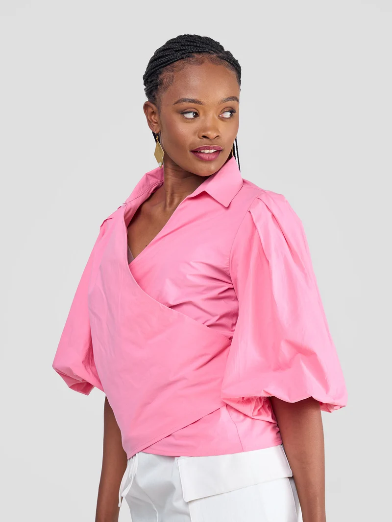 Safari Mali 3/4 Bishop Sleeve Tie Top - Pink