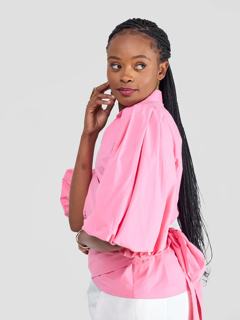 Safari Mali 3/4 Bishop Sleeve Tie Top - Pink